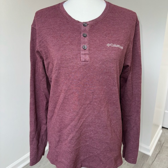 Columbia Small Burgundy Waffle Knit Henley Thermal Shirt Long Sleeve Unisex/Mens - Picture 1 of 6
